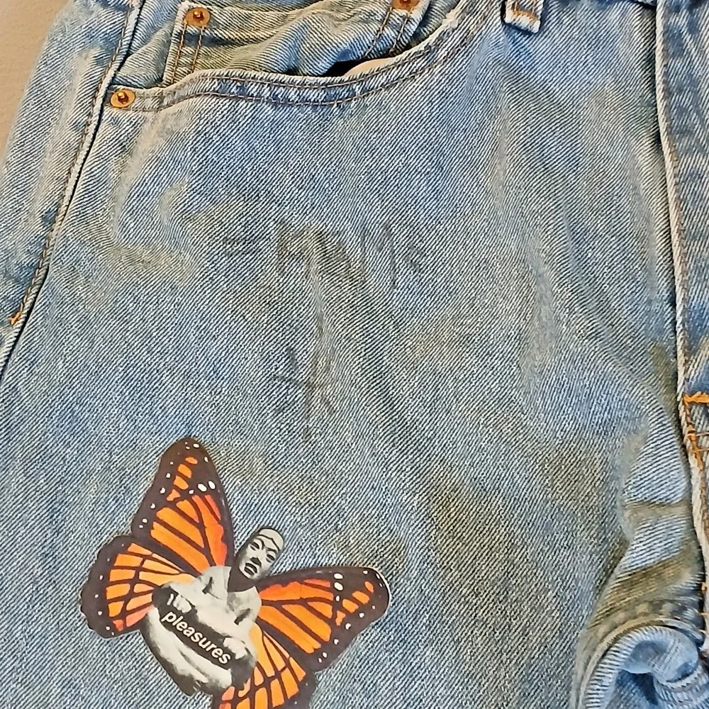 Levis 505 Jeans Mens 34x29 Blue Medium Wash Straight Denim Pants Logo Patches